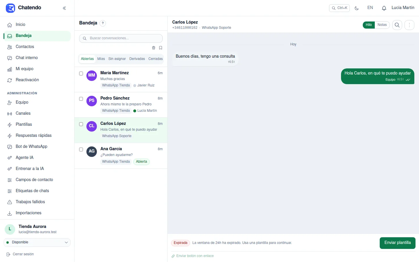 Bandeja compartida de Chatendo con la conversación del cliente