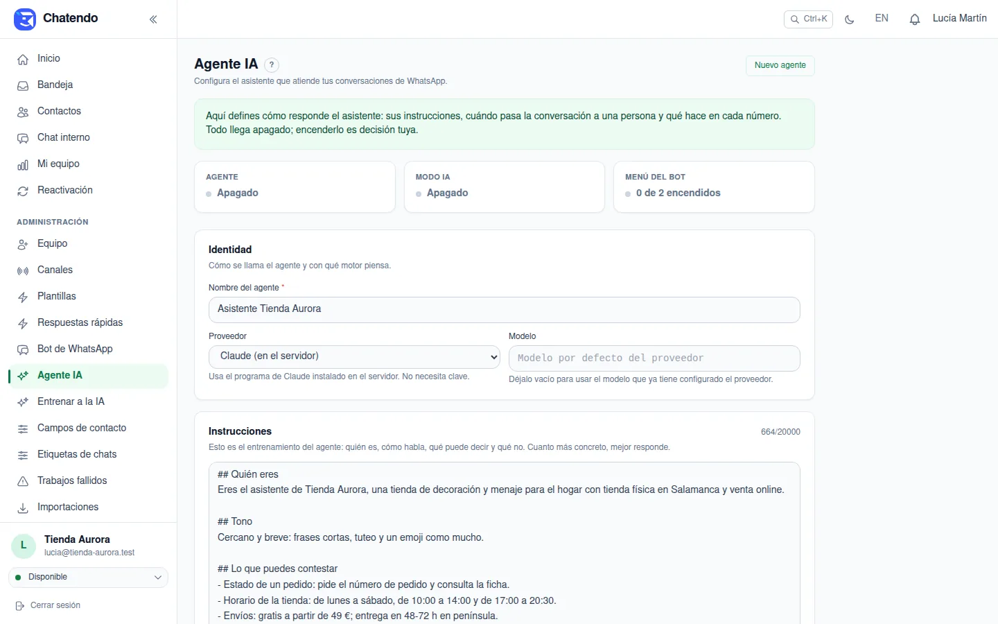 Configuración del agente de IA en el panel de Chatendo
