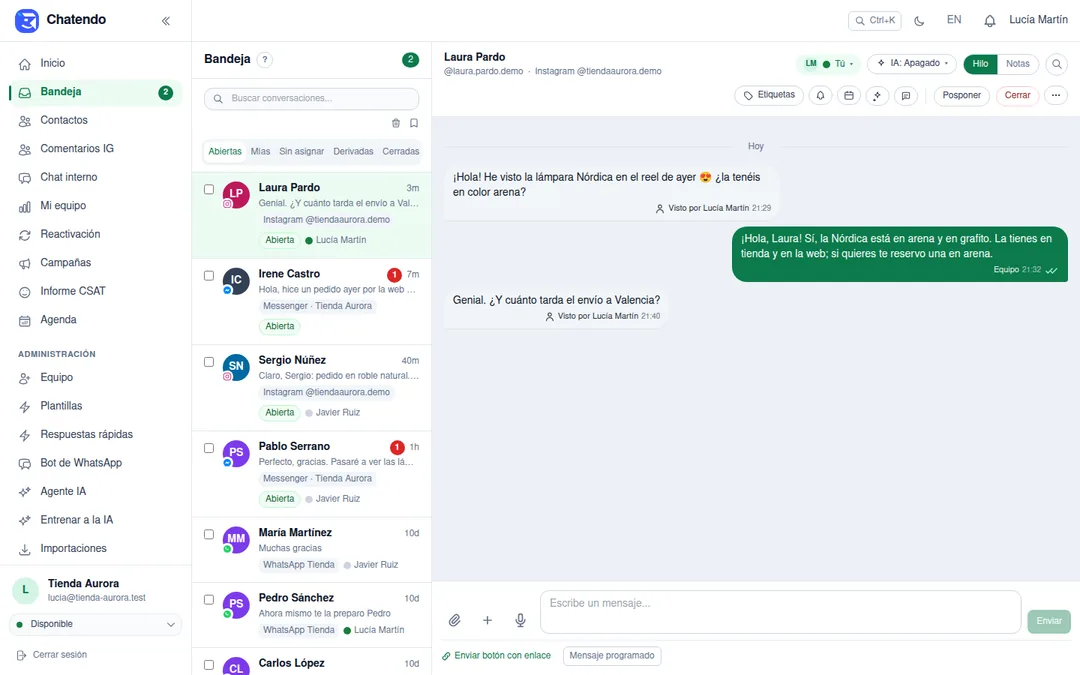 Bandeja compartida de Chatendo con conversaciones de WhatsApp, Instagram y Facebook