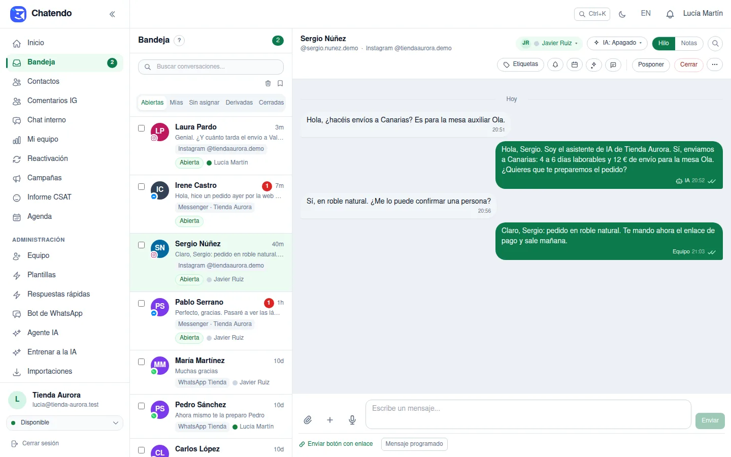 Conversación de Instagram atendida por el agente de IA de Chatendo
