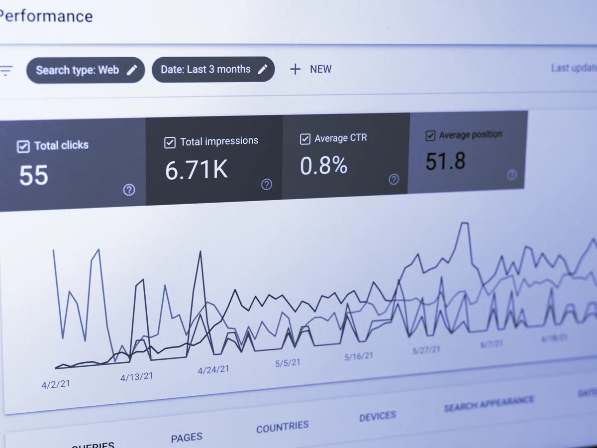 Informe de rendimiento en buscadores con clics, impresiones, CTR y posición media