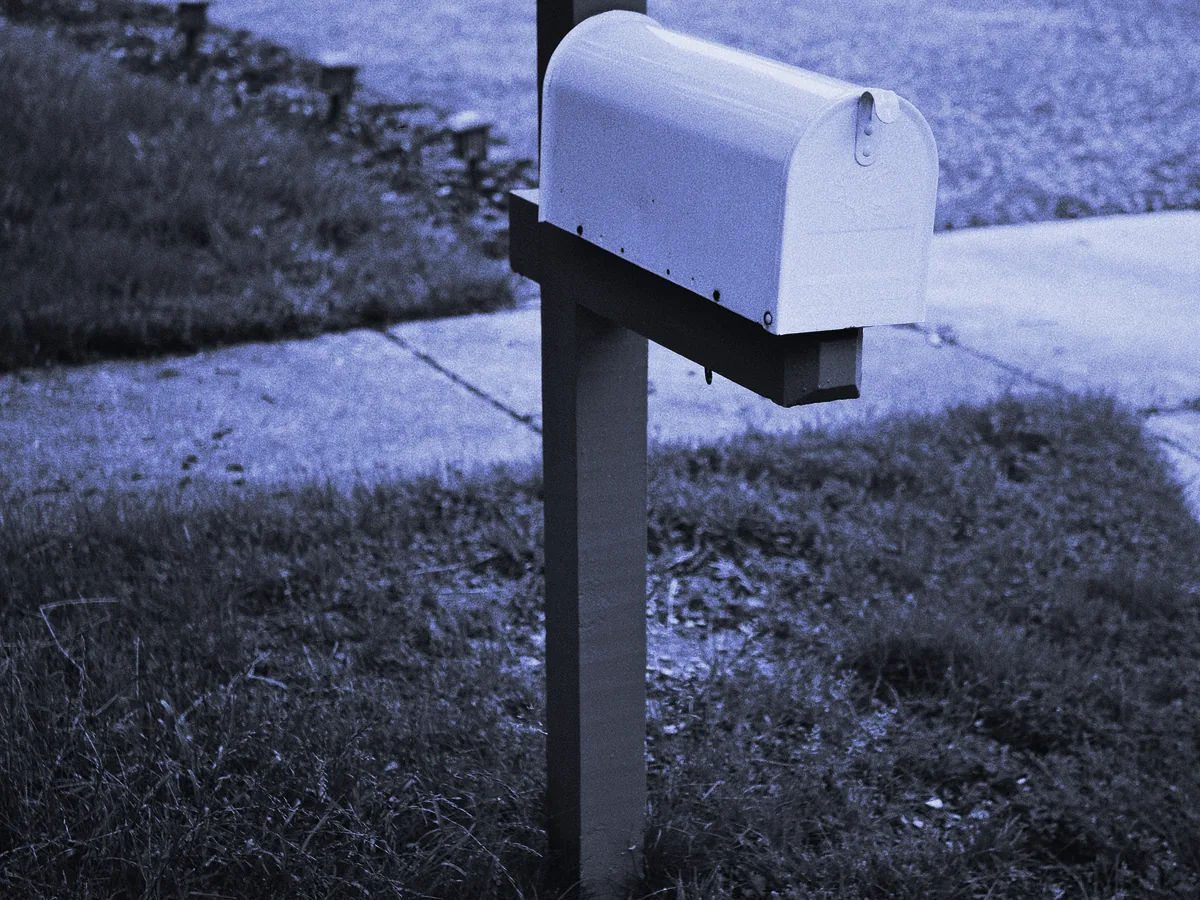 Buzón sobre un poste de madera junto a un camino