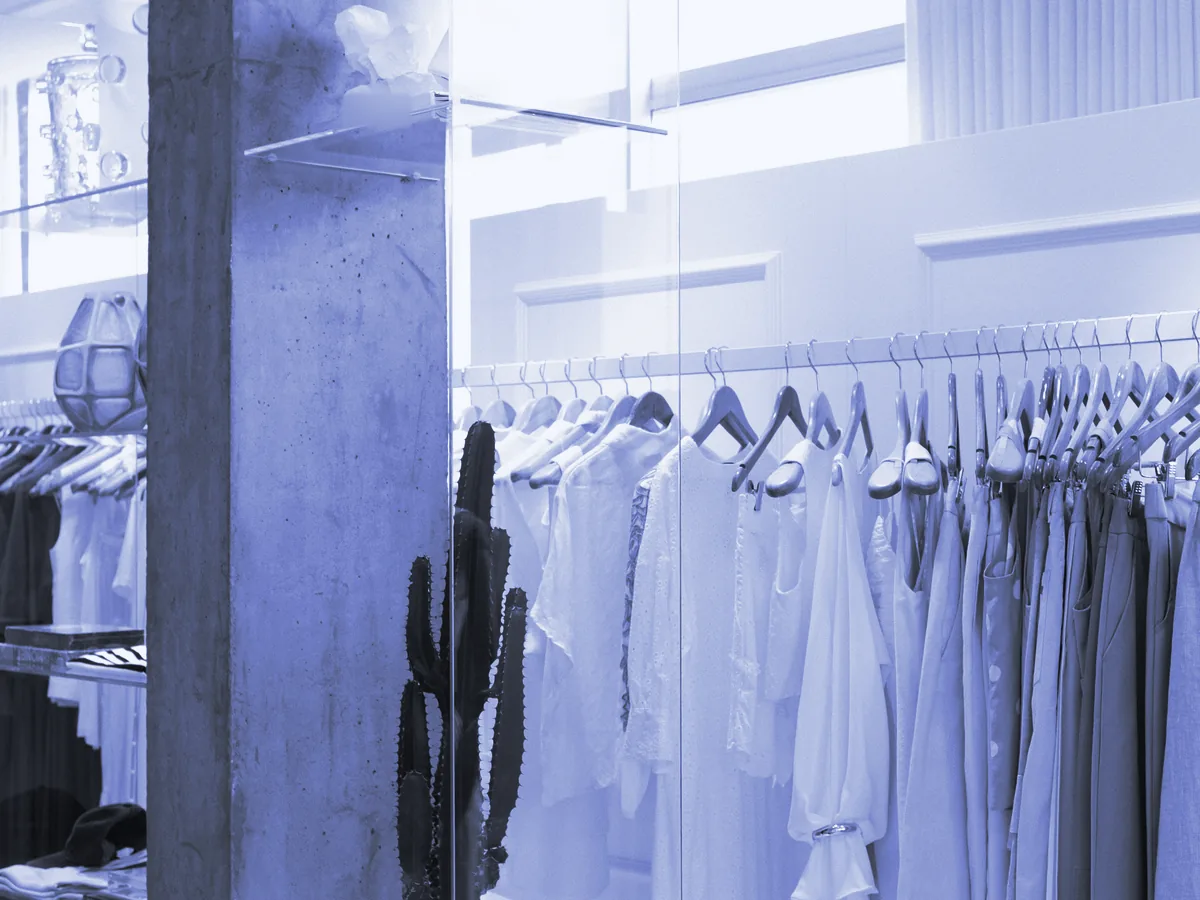 Vestidos colgados en una tienda de ropa luminosa, junto a un cactus