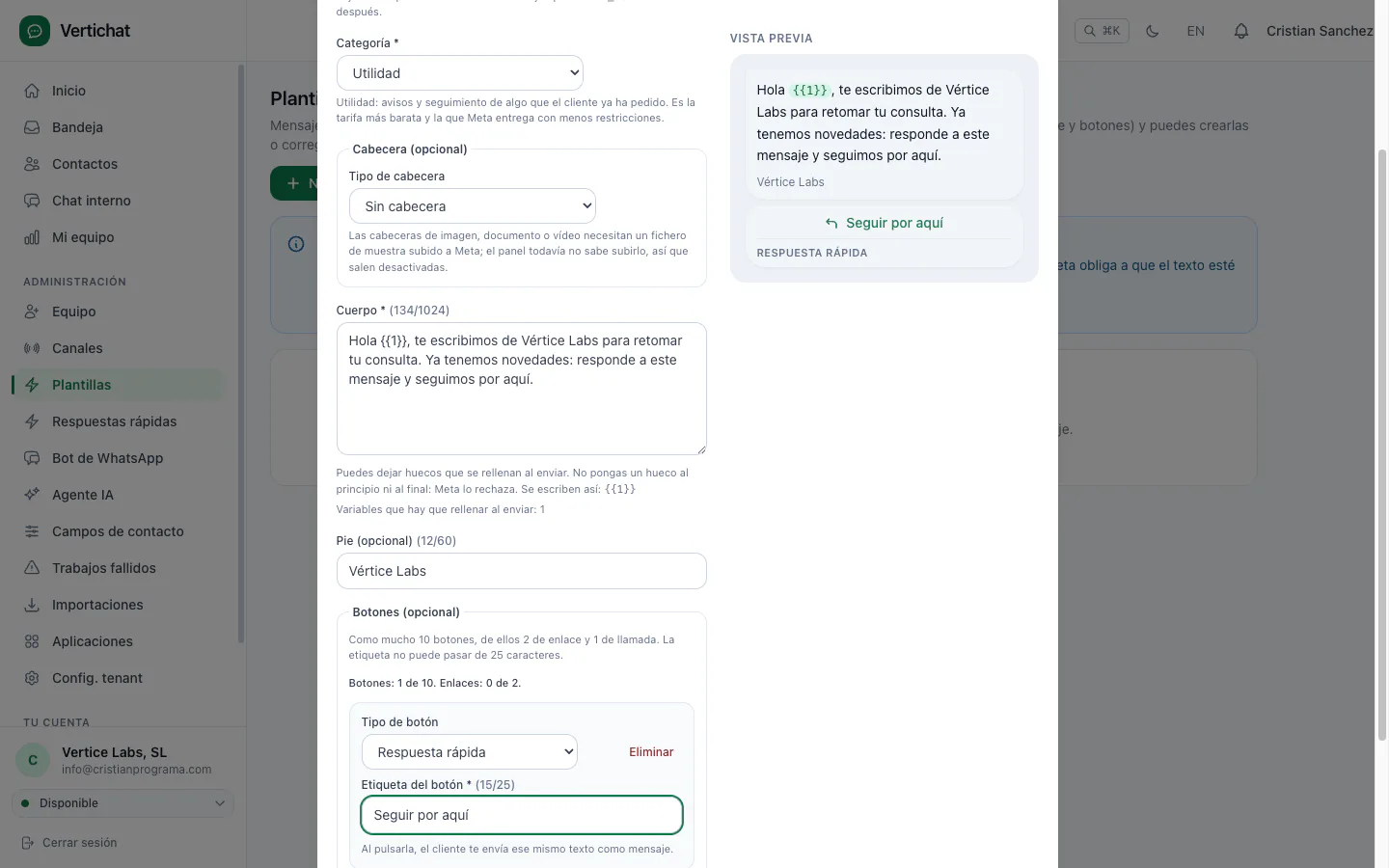 Creación de plantilla de WhatsApp aprobada por Meta
